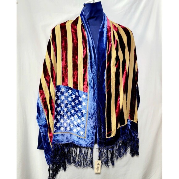 Maya Matazaro American USA Flag Silk Burnout Velvet Shawl Wrap With Fringe NWT - Picture 6 of 11